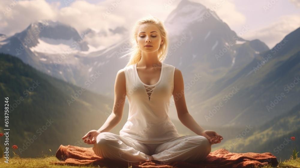 serene scene of a young woman meditating