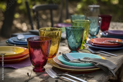 colorful flatware and glassware accentuate the natural beauty of an outdoor table, created with generative ai