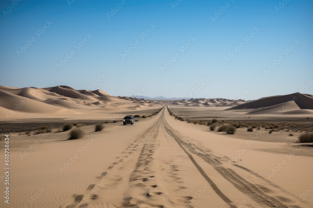 road trip across the desert, with endless sand dunes in the background, created with generative ai road trip across the desert, with endless sand dunes in the background, created with generative ai