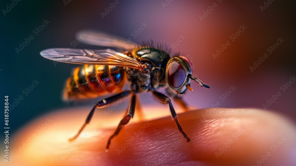 Macro photograph of a bee atop a finger.Ai Generated Macro photograph of a bee atop a finger.Ai Generated