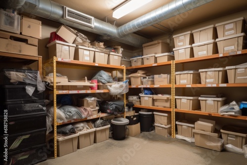 storage room  with neatly organized boxes  bins  and furniture  created with generative ai