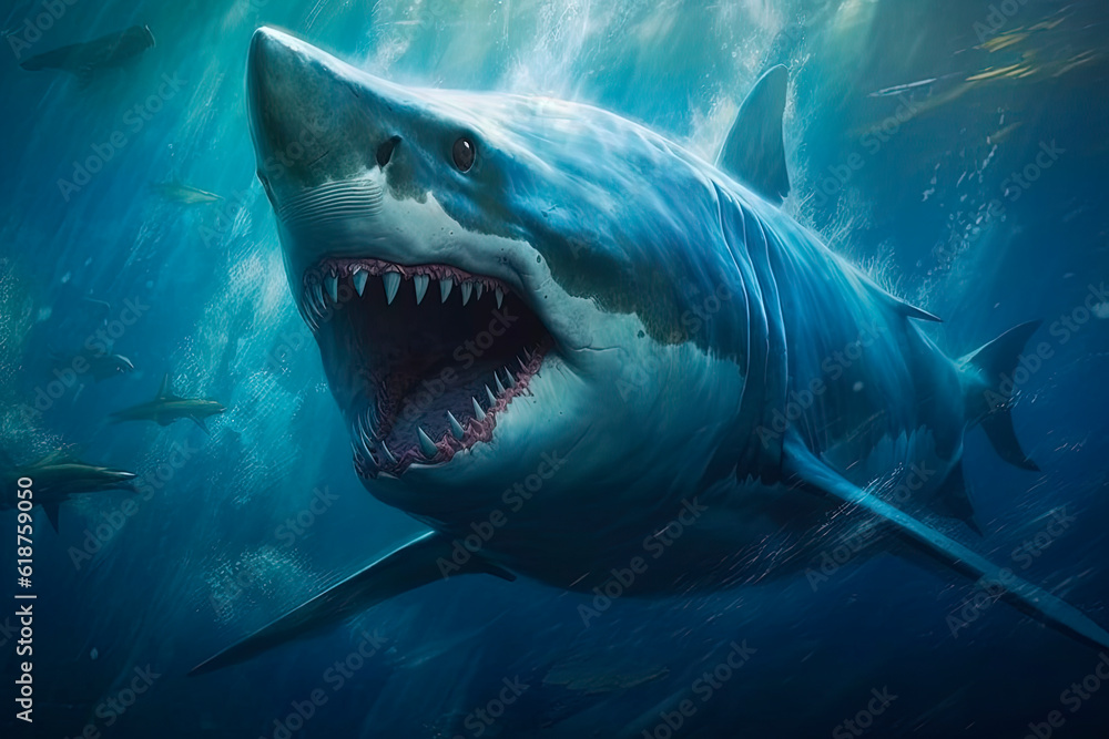 Fototapeta premium A great white shark swimming in the ocean. Generative AI 