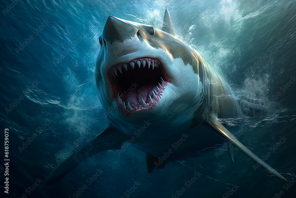 Fototapeta premium A great white shark swimming in the ocean. Generative AI 