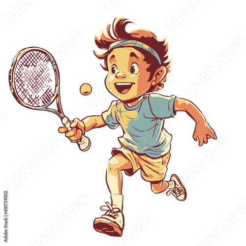 Young Tennis Player Kid in Action: Vector Graphic of a Child Playing Tennis