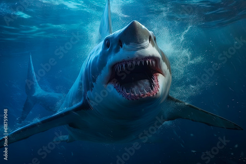 A great white shark swimming in the ocean. Generative AI 