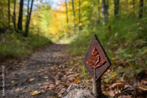 close-up of trail marker with arrow and symbol pointing the way, created with generative ai