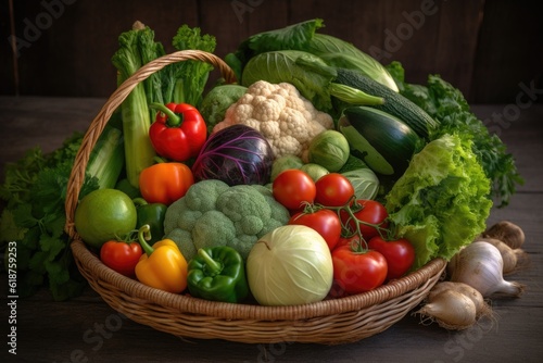 pile of fresh vegetables in a basket, ready to be taken home, created with generative ai