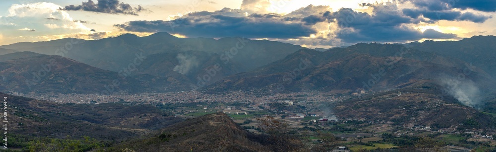Scenic view of a cityscape in the mountains in Jaen, Peru