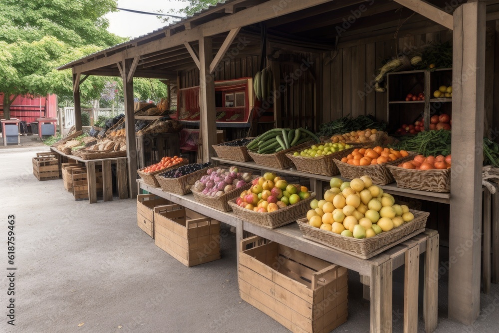 fruit and vegetable stand with fresh produce, crates, bins, and baskets, created with generative ai fruit and vegetable stand with fresh produce, crates, bins, and baskets, created with generative ai
