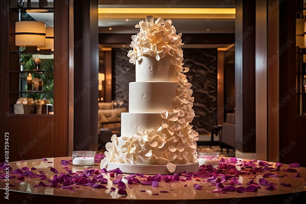 wedding cake with cascading petals, symbolizing the start of a new life together, created with generative ai