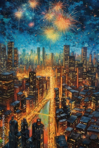 fireworks bursting over a city skyline at night  created with generative ai
