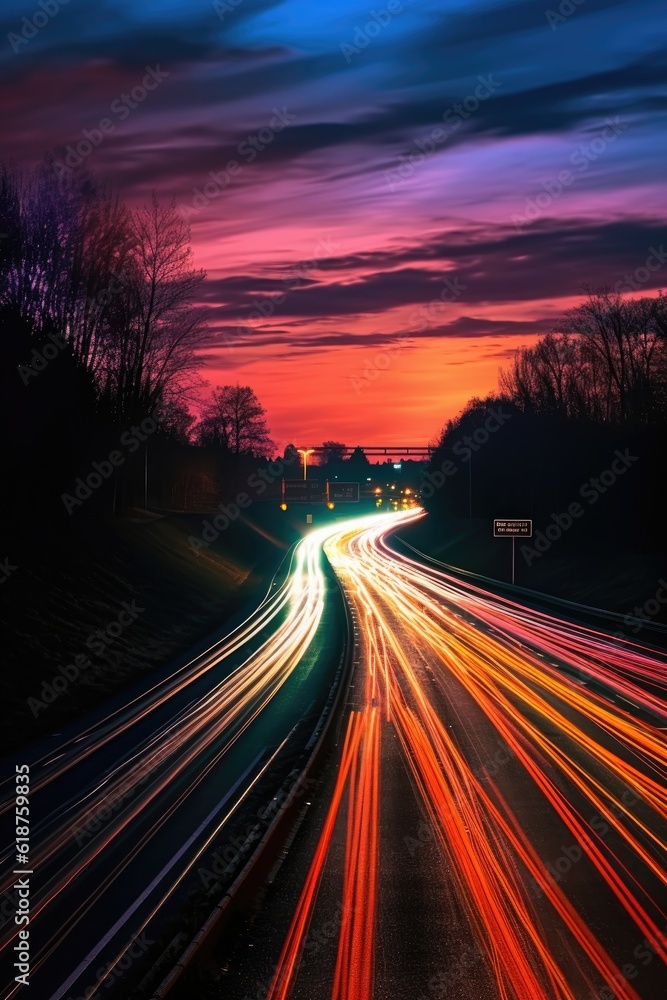 light trails on a busy highway at night, created with generative ai