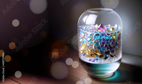 illustrazione Generative Ai con vaso, ampolla in vetro contenete cristalli e gemme su sfondo neutro di luce diffusa photo