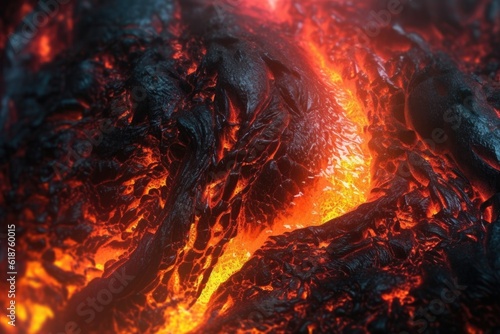 close-up view of erupting volcano with fiery lava flow, created with generative ai