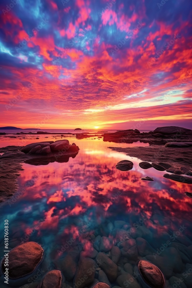 vibrant sunset over a calm ocean horizon, created with generative ai