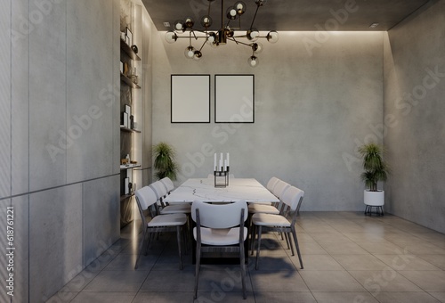 Modern dining room interior design contemporary, with natural tones on the room, walls, floor and ceiling. 3d rendering illustration
