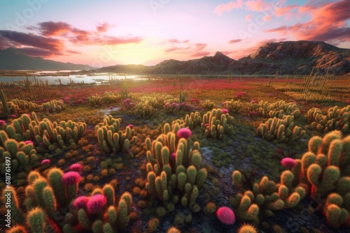 aerial view of a blooming cactus field at sunset, created with generative ai