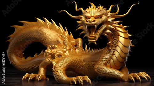 Full body gold dragon in bend body pose with 3d rendering Generative AI © Suleyman