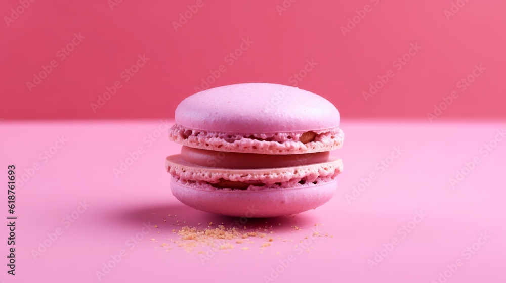 Pink French macaroon in center on pink background Generative AI