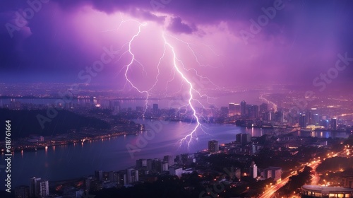 Lightning storm over city in purple light Generative AI