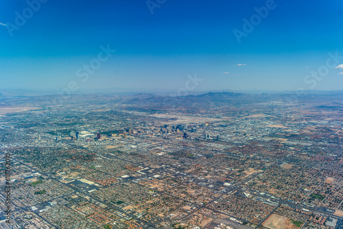 aerial landscape view of greater Las Vegas area and suburbs with famous buildings along the Las Vegas Blvd (Las Vegas Strip) and main 