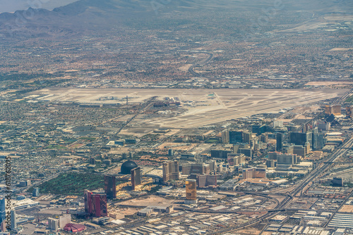 Photography aerial landscape view of Las Vegas area with famous buildings along the Las Vega