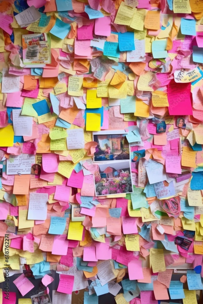 corkboard filled with colorful sticky notes and reminders, created with generative ai