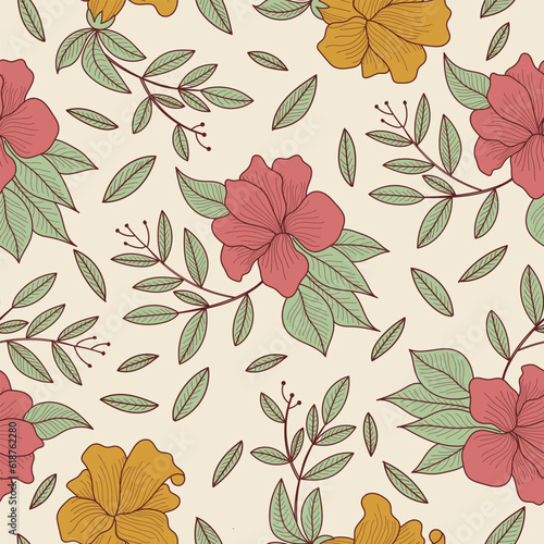 Floral seamless pattern with hand-drawn flowers and leaves 