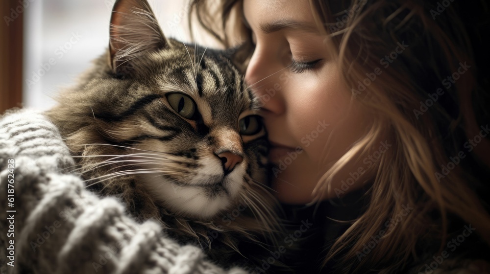 AI generated illustration of A woman  embracing a cat while it is sleeping peacefully in her arms