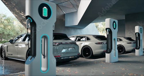 Powering the Future: White Electric Cars in Parking and Charging.