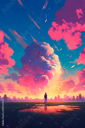 A sunset with pink clouds in the sky. Generative AI