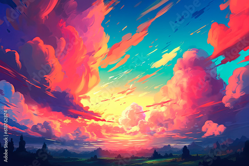 A sunset with pink clouds in the sky. Generative AI