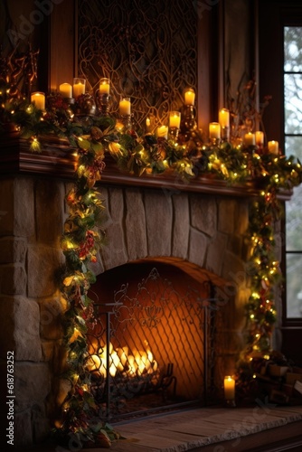 illuminated christmas light garland on a fireplace  created with generative ai