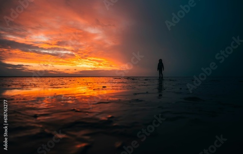 Fototapeta Naklejka Na Ścianę i Meble -  Silhouette of a person standing in shallow water against the sea at orange sunset