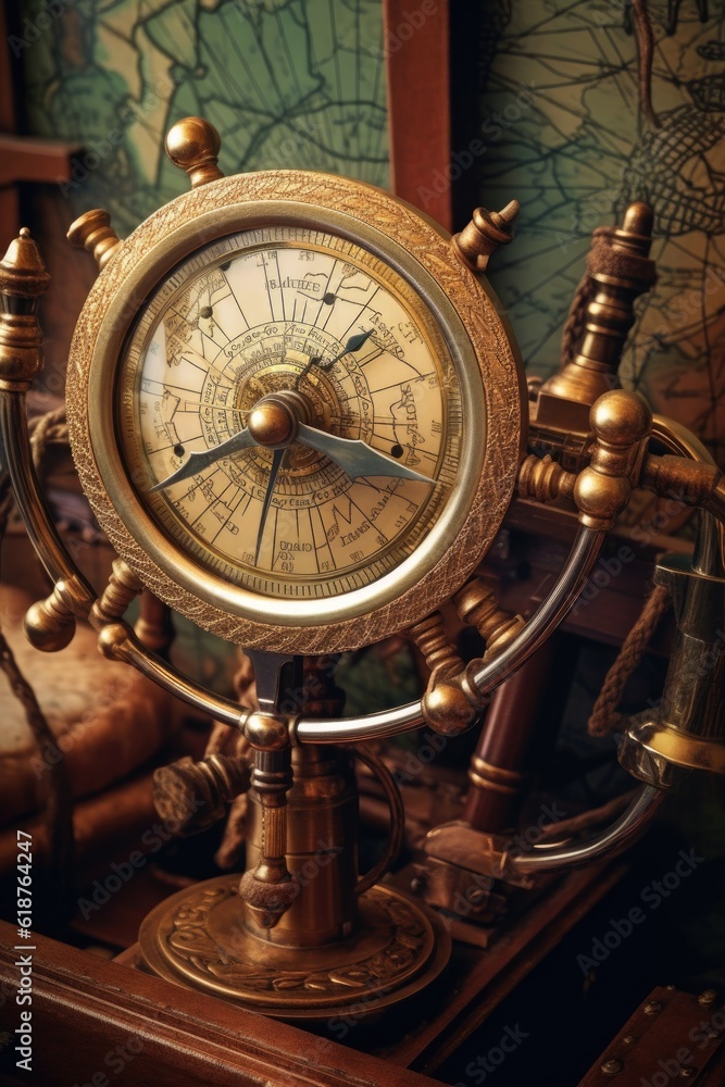 compass on a boat steering wheel, created with generative ai compass on a boat steering wheel, created with generative ai