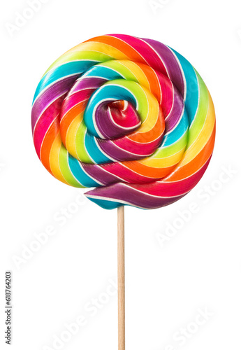 Close up of colorful, handmade swirl lollipop. PNG, cut out, without background