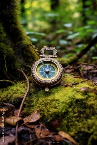 compass on a hiking trail surrounded by nature, created with generative ai