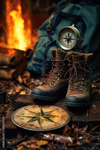compass and hiking boots near campfire, created with generative ai