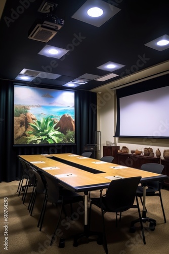 Wallpaper Mural conference room with projector screen and podium, created with generative ai Torontodigital.ca