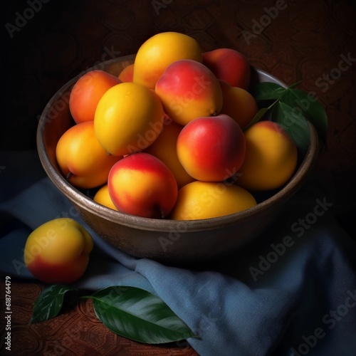 AI generated illustration of a bowl filled with juicy ripe peaches