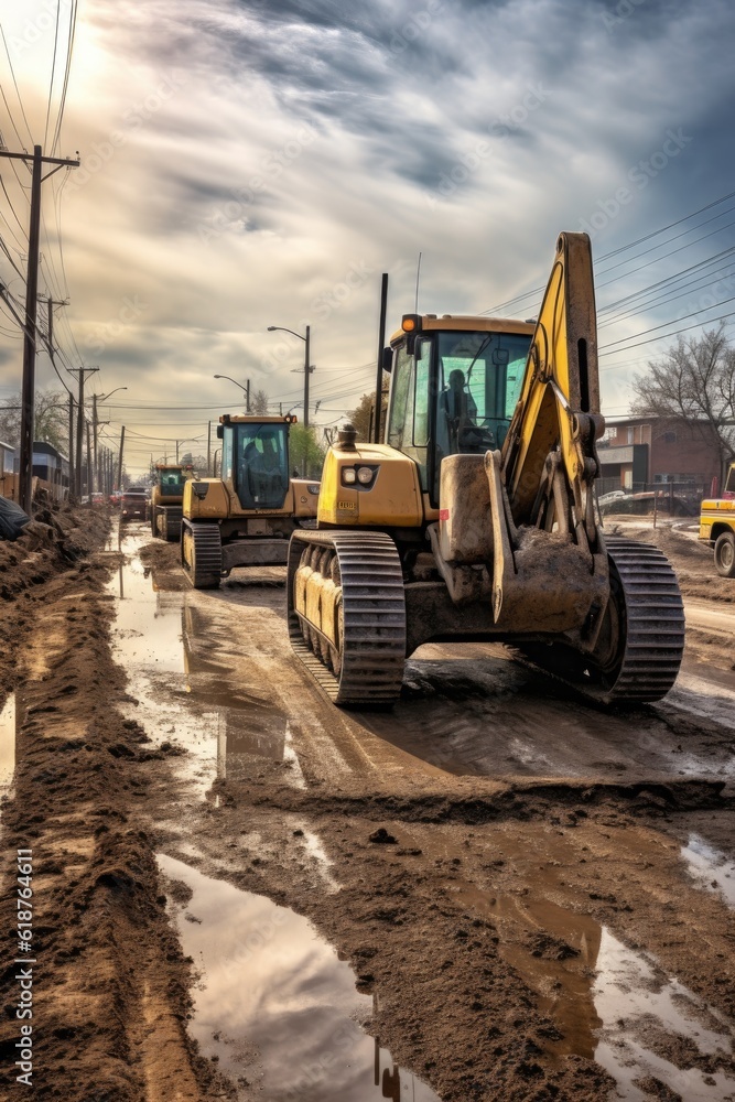 heavy machinery working on a road construction project, created with generative ai heavy machinery working on a road construction project, created with generative ai