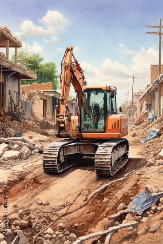 Fototapeta premium heavy machinery excavating at a construction site, created with generative ai