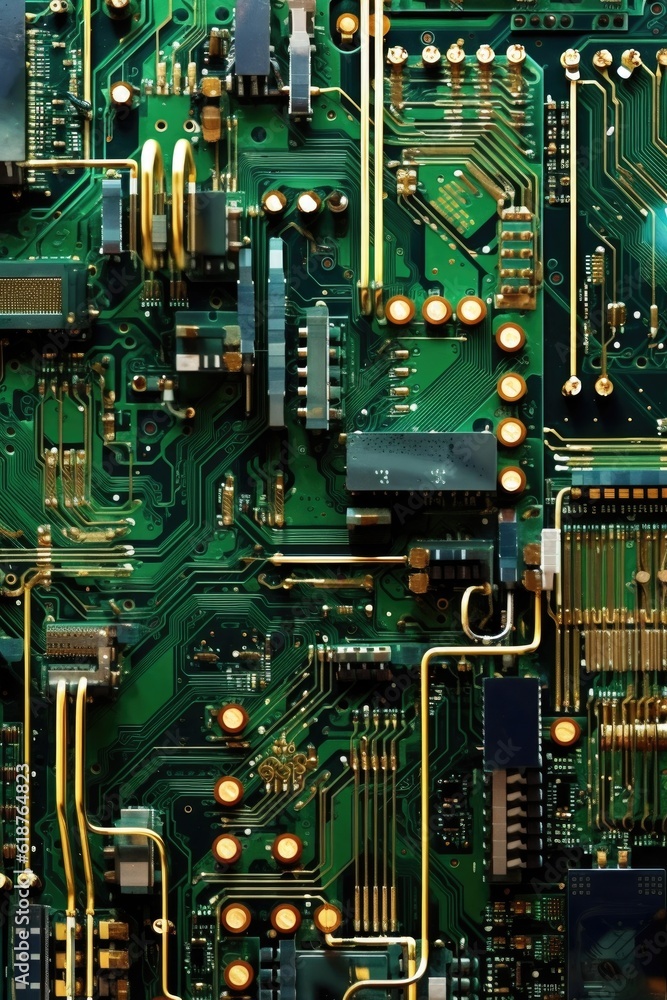 top view of a complex circuit board, created with generative ai