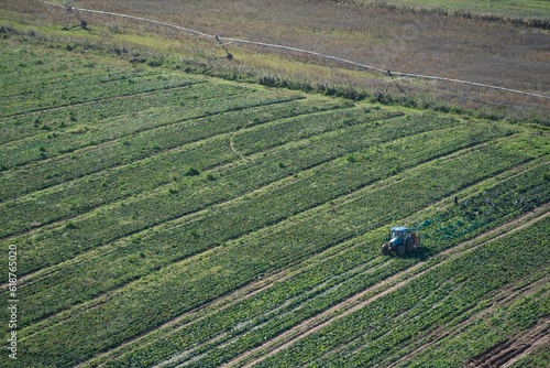 Aerial view of a tractor in a lush, green field