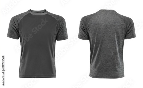 Blank gray t-shirt, front and back view isolated on white background.