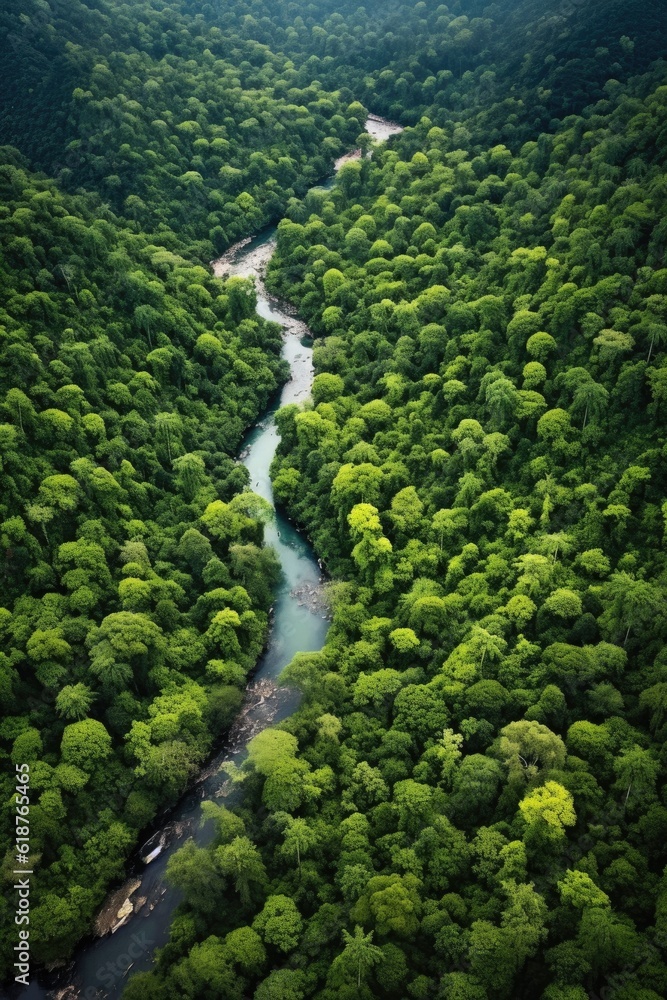 aerial view of lush green forest and river, created with generative ai