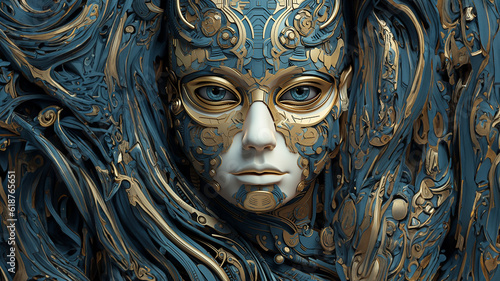 Schöne Kunst Maske in Frauen Gesicht Form in Gold und Blau Farben als Dekoration, ai generativ