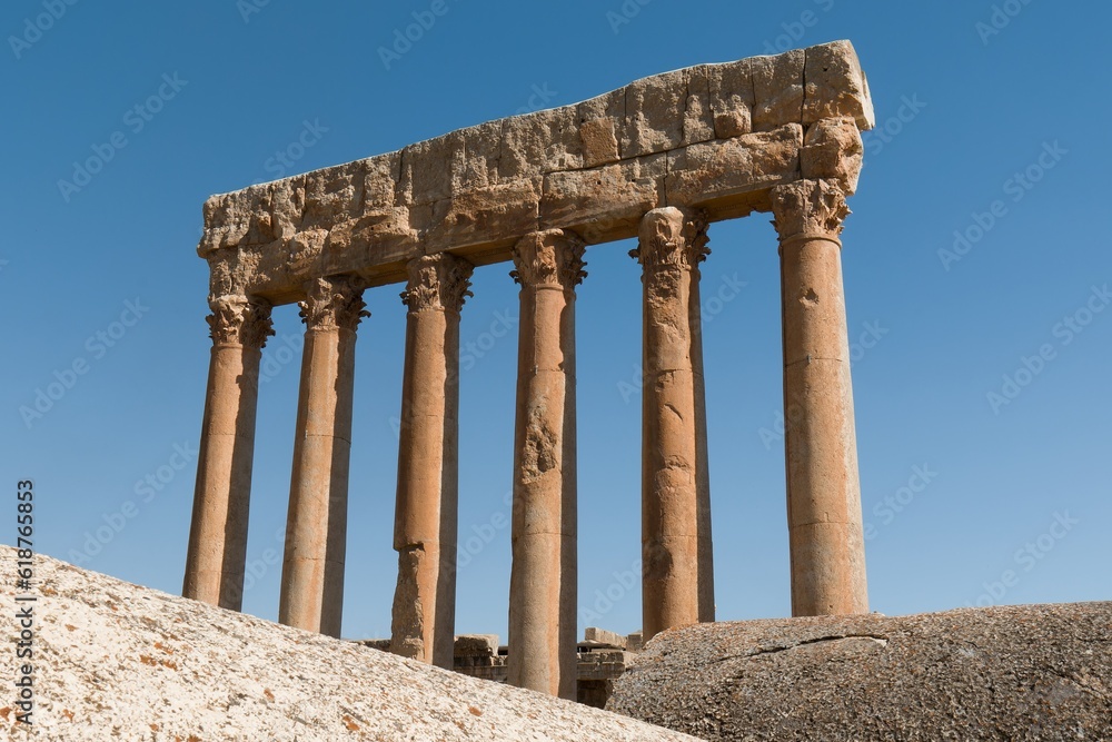 Ruins of the ancient Baalbek city built in the 1st to 3rd centuries. Today UNESCO monuments. View of the Temple of Jupiter. Lebanon.