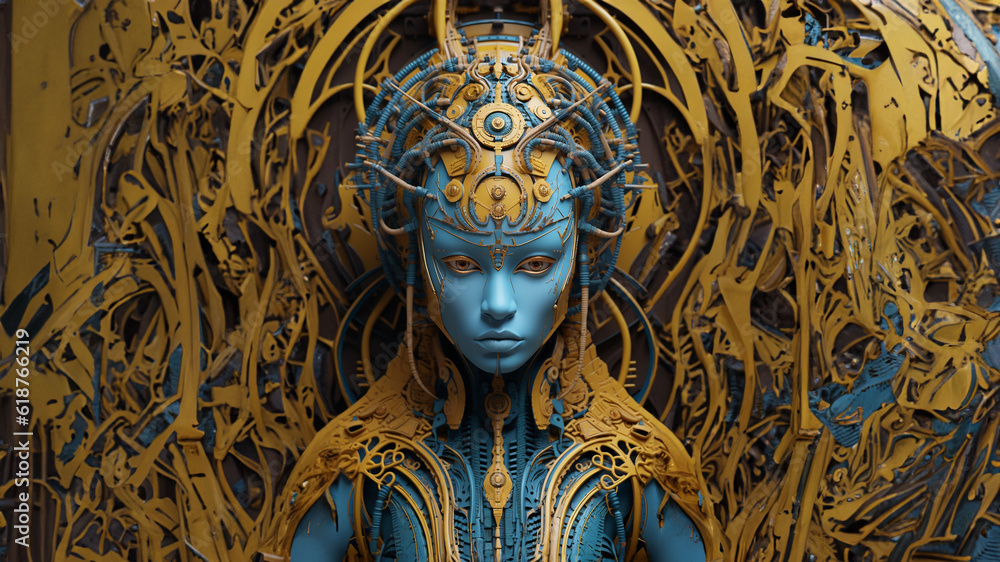 Schöne Kunst Maske in Frauen Gesicht Form in Gold und Blau Farben als Dekoration, ai generativ