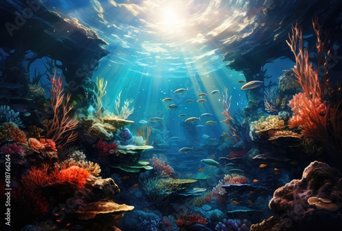 Underwater coral reef and fish in the sea.